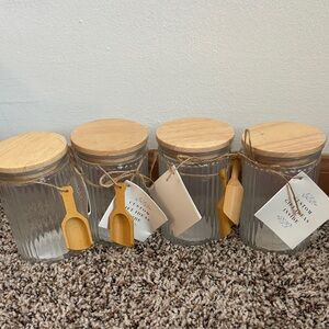Set of 4 Glass Jars with Wooden Lids & Wooden Scoops